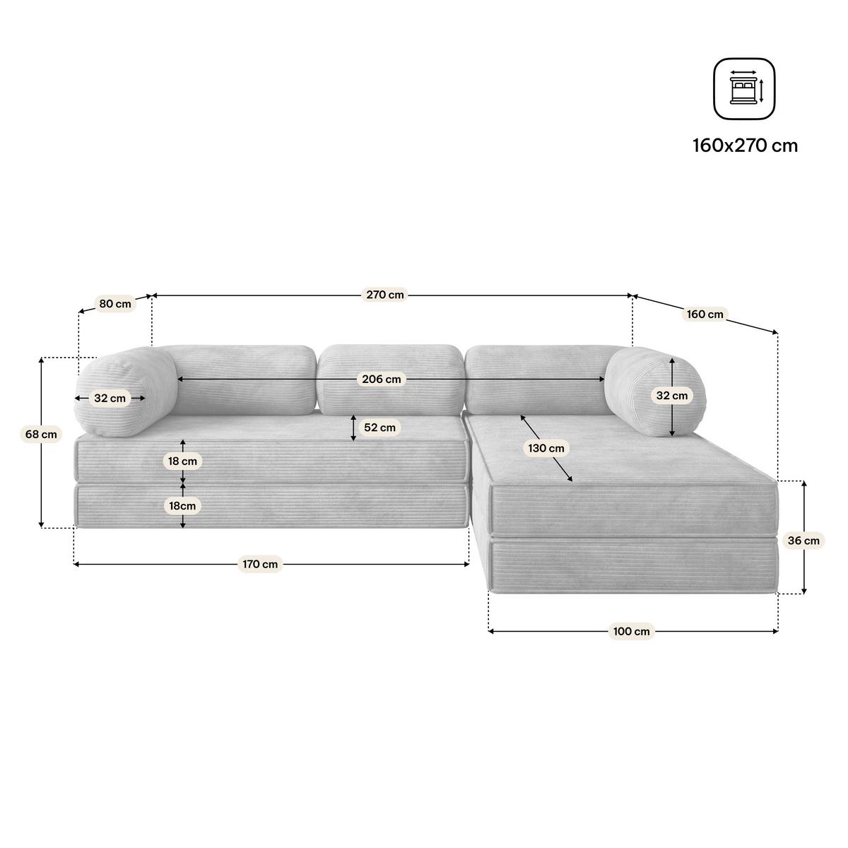 ECKSOFA ETERA modulares Boneless Sofa mit Schlaffunktion Beige Kordstoff - Beige, Textil (270/160cm) - MASSENO