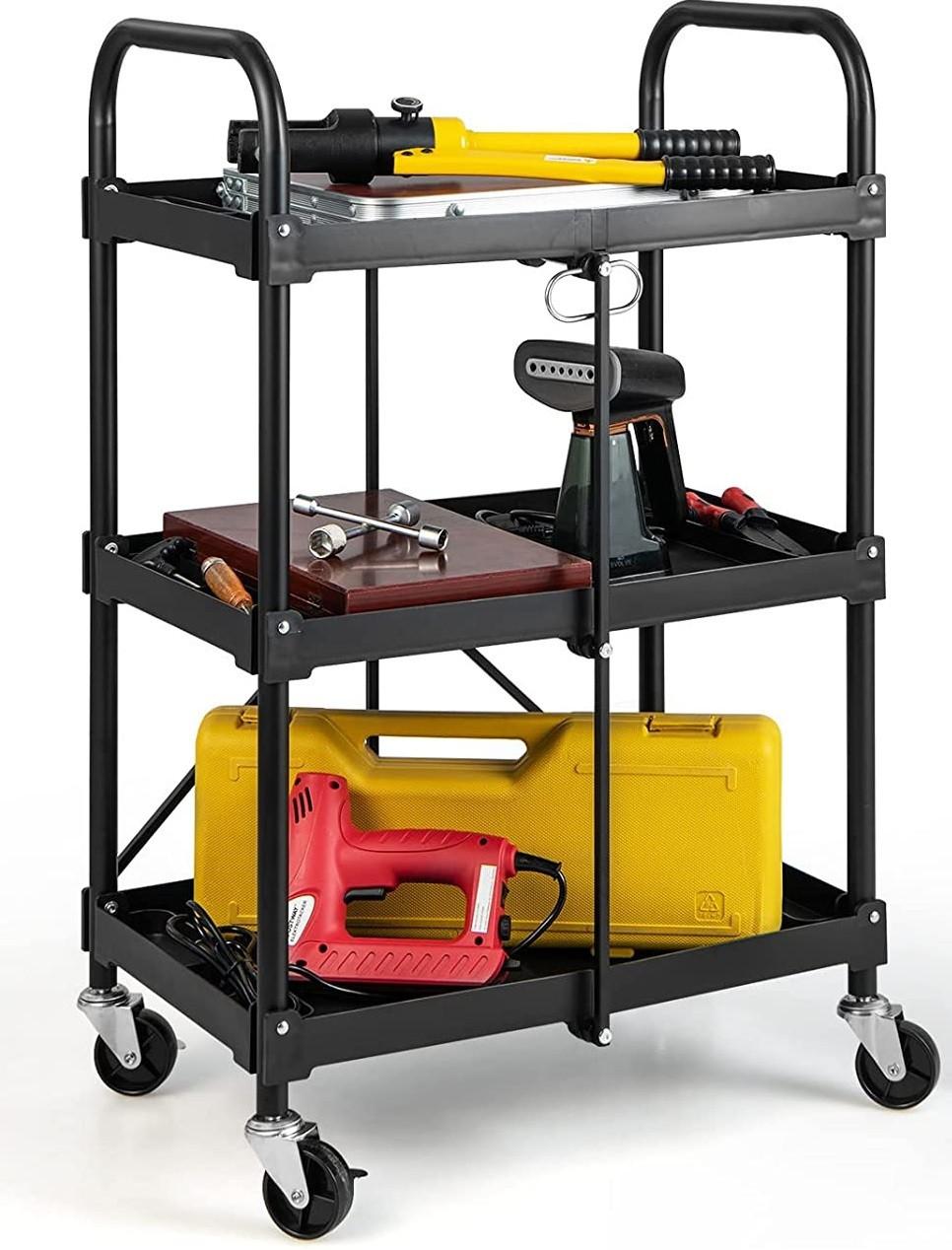 WERKZEUGWAGEN 3 Etagen Klappbar Schwarz - Schwarz, Metall (61/96/44cm) - COSTWAY