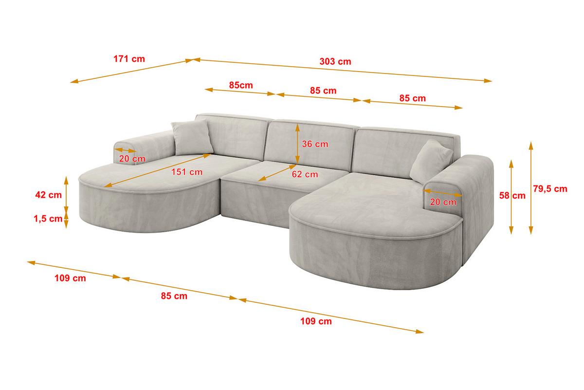 WOHNLANDSCHAFT MARI-U1 - 303x171x79 cm Hellbraun Velours - Hellbraun/Schwarz, Holzwerkstoff/Kunststoff (303/79/171cm) - ALTDECOR