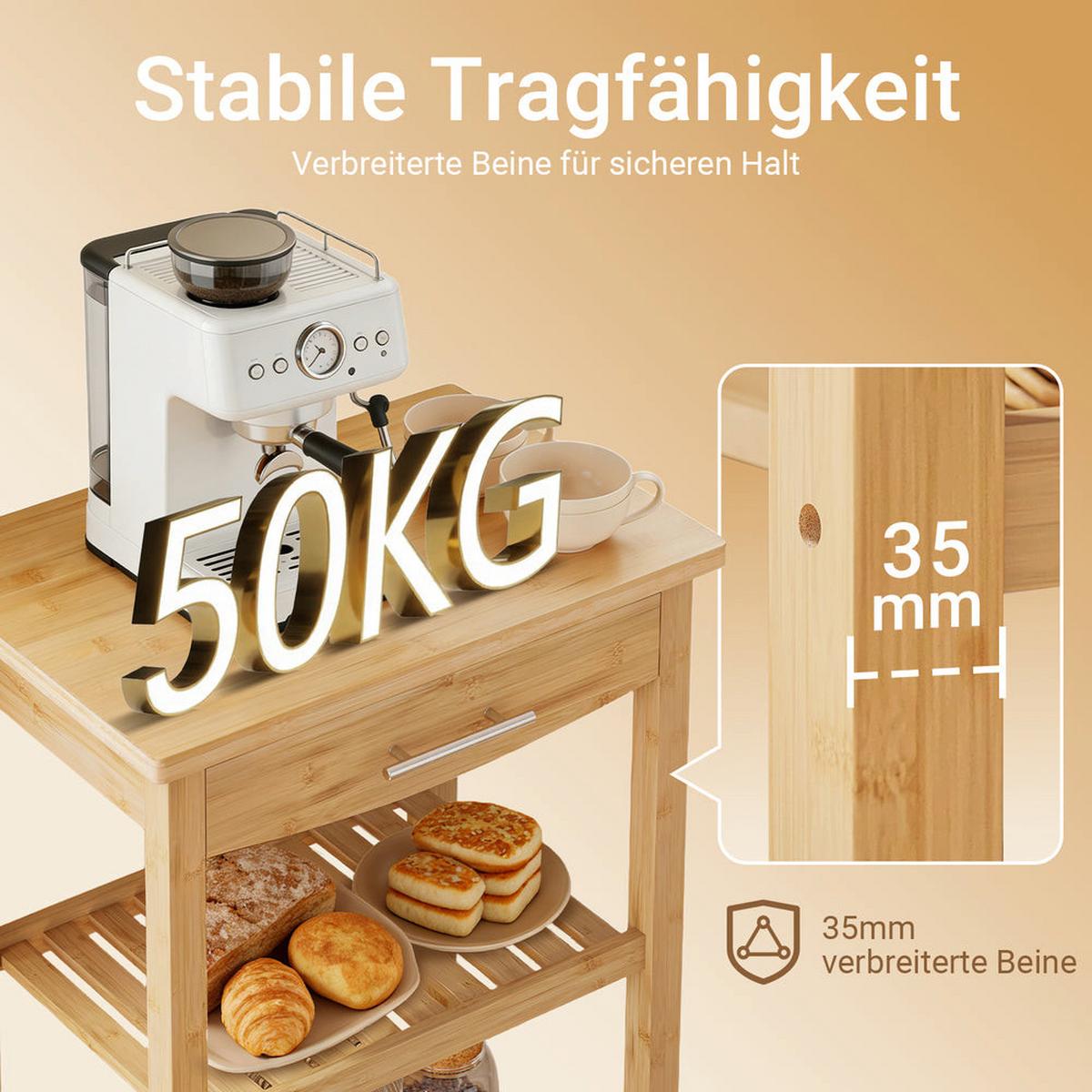 KÜCHENWAGEN mit Schublade und Rollen 58x40x86 cm FKW135-N - Naturfarben, Holz (58/86/40cm) - SoBuy
