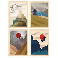 POSTER Set mit 4 Japanische Harmonie Ästhetische A3 Rahmen aus hellem Holz - Beige, Papier (29.7/3cm) - Nacnic