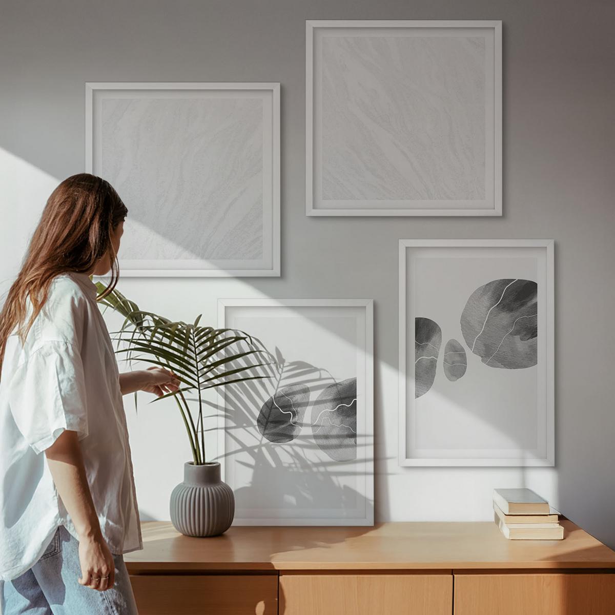 BILDER SET 4er Set - 50x50 cm & 40x60 cm Weißer Rahmen - Abstrakte Kunst, Farbspritzer - Weiß, Kunststoff (50/50cm) - TULUP