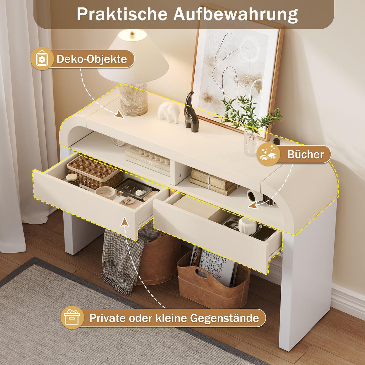 KONSOLENTISCH weiß mit 2 schubladen & abgerundeten kanten - Weiß, Holzwerkstoff (35.5/120/76.5cm) - Urban Meuble