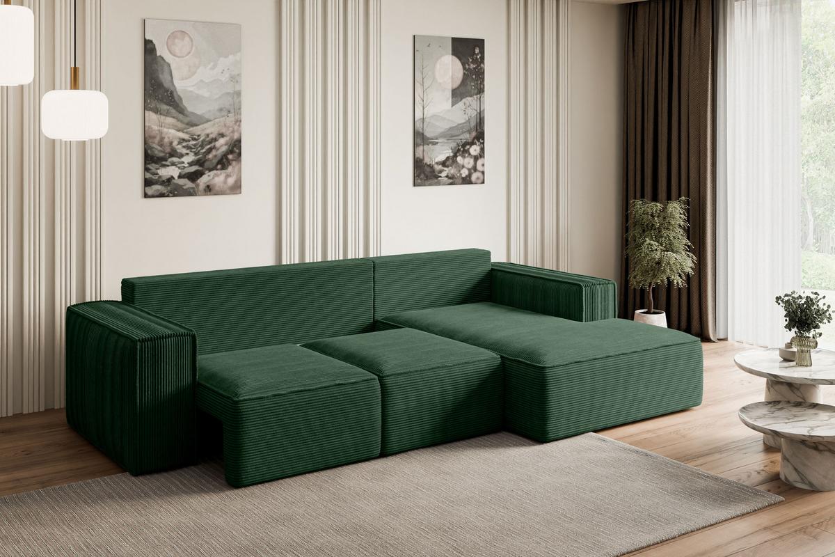 ECKSOFA mit Schlaffunktion und Bettkasten SERRA-L-S - 266x161x87 cm Grün Cord - Schwarz/Grün, Holzwerkstoff/Kunststoff (266/161cm) - ALTDECOR