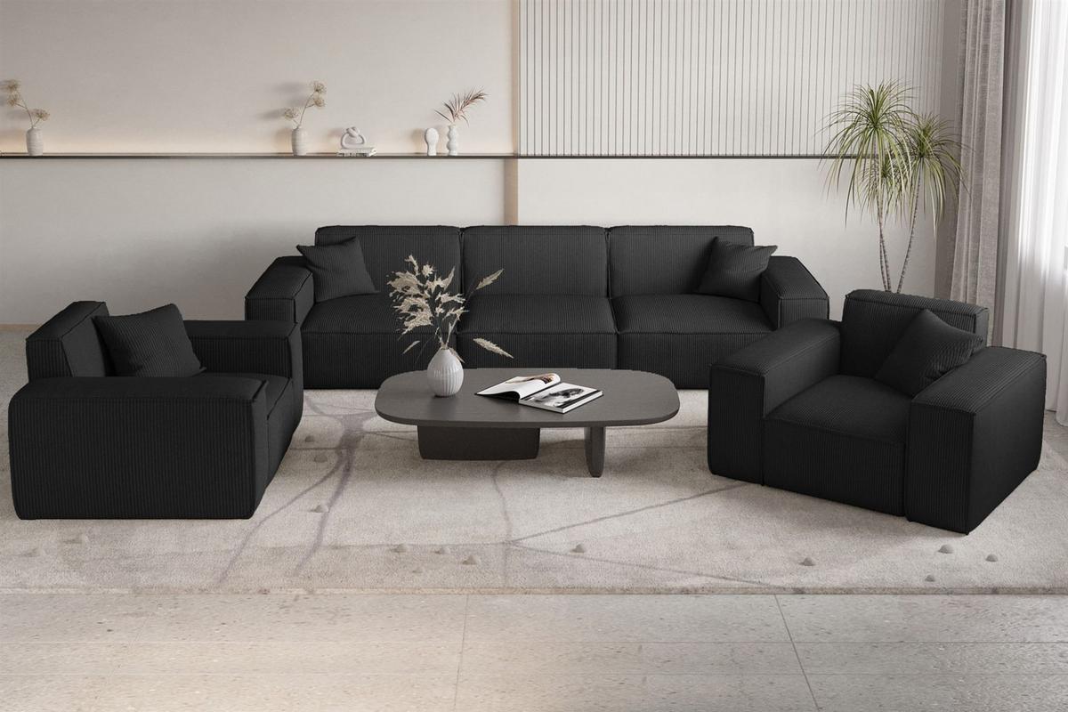 SOFASET Celes Premium 3-1-1 Stoff Scala - Schwarz, Holzwerkstoff/Textil (225/73/88cm) - Fun Möbel