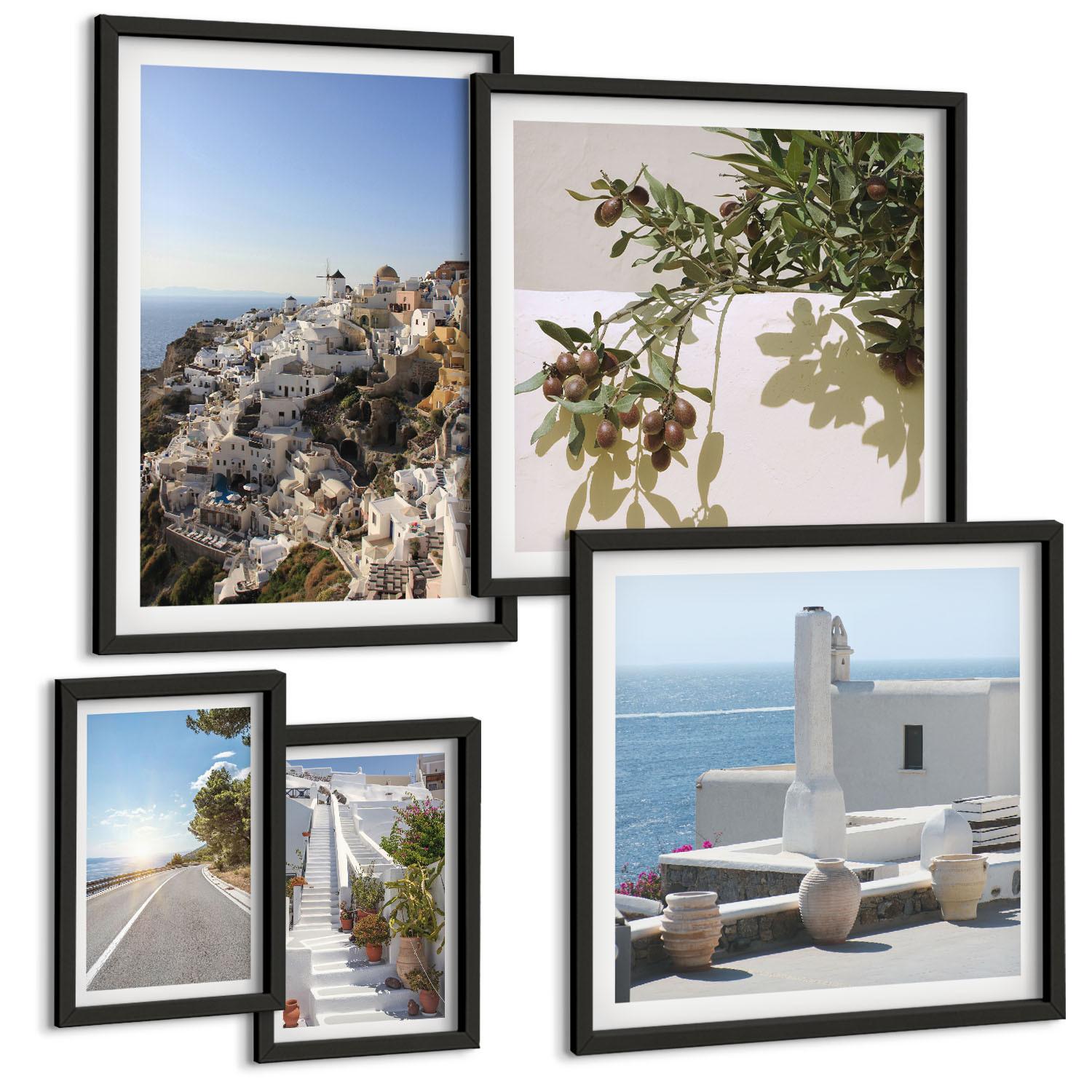 BILDER SET 5er Set - 50x50 cm & 20x30 cm & 40x60 cm Schwarzer Rahmen - Weiße Treppe mit Blick auf Santorini - Schwarz, Kunststoff (40/60cm) - TULUP