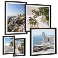 BILDER SET 5er Set - 50x50 cm & 20x30 cm & 40x60 cm Schwarzer Rahmen - Weiße Treppe mit Blick auf Santorini - Schwarz, Kunststoff (40/60cm) - TULUP