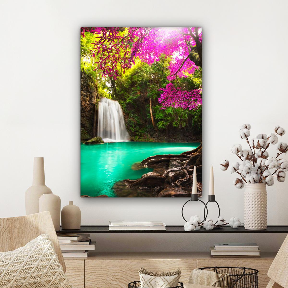 LEINWANDBILD Wasserfall mit bunten Blumen und Bäumen - Natur - Dschungel Wandbild Wohnzimmer 60x80 cm - Waldgrün, Textil (60/80cm) - MuchoWow
