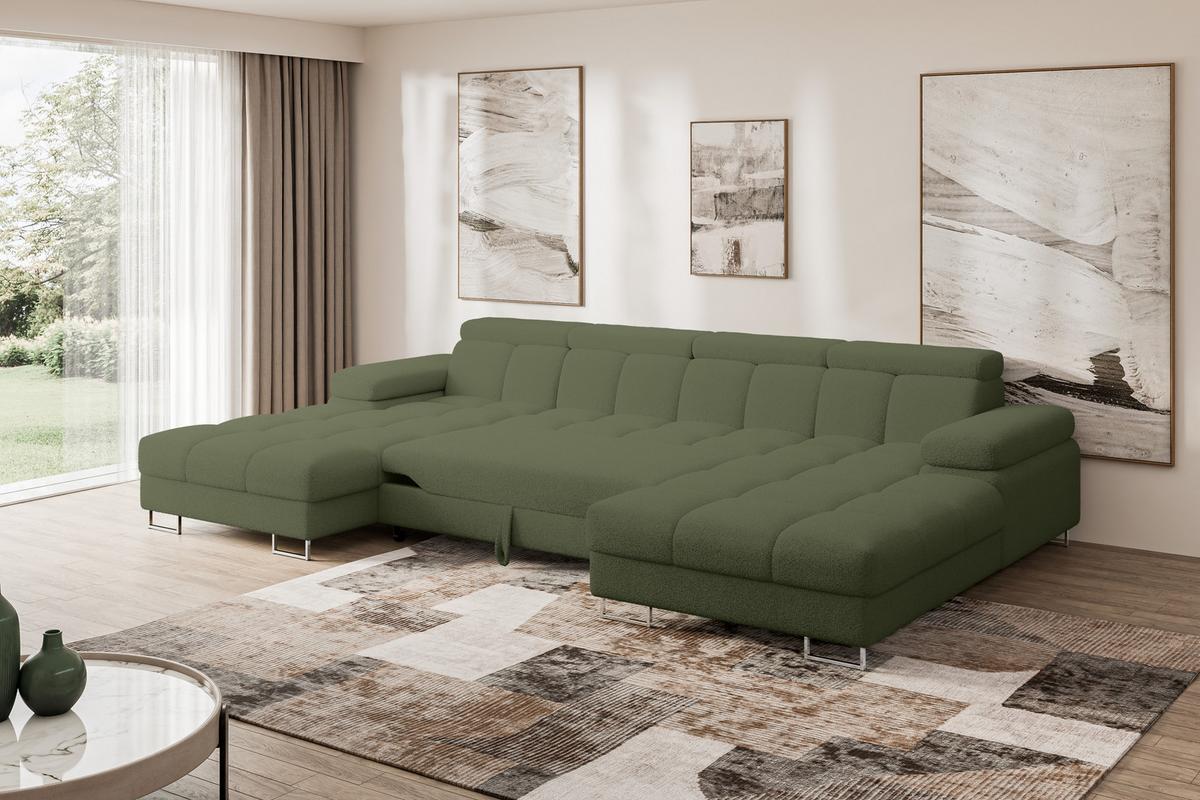 WOHNLANDSCHAFT mit Schlaffunktion und Bettkasten COMA U2 345x203x79 Grün Bouclé - Smaragdgrün, Holzwerkstoff/Textil (345/79/203cm) - ALTDECOR