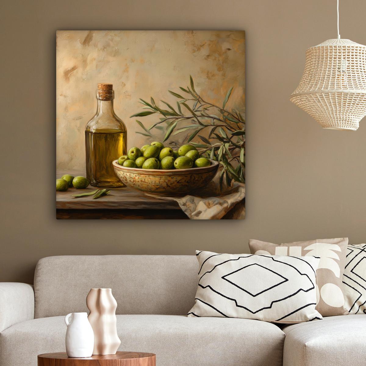 LEINWANDBILD Oliven - Stilleben - Vintage Deko Groß 90x90 cm - Olivgrün, Textil (90/90cm) - MuchoWow