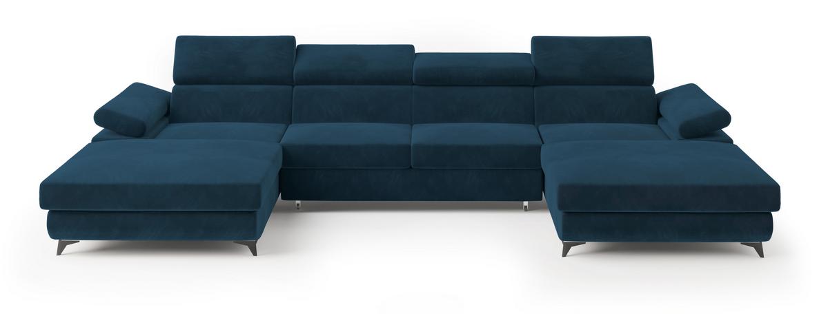 WOHNLANDSCHAFT DETTI Blau Velours-Stoff mit Schlaffunktion - Blau, Holz (339/89/190cm) - MASSENO