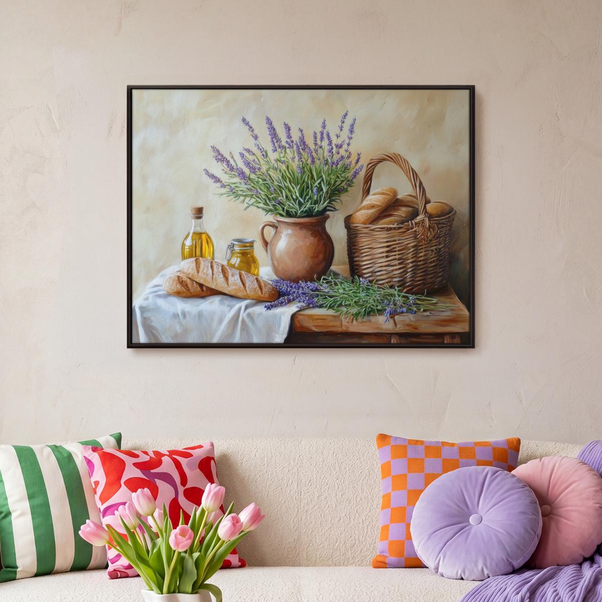 LEINWAND Bilder mit Rahmen - Lavendel - Brot - Stilleben - 70x50 - Flieder, Textil (70/50cm) - MuchoWow