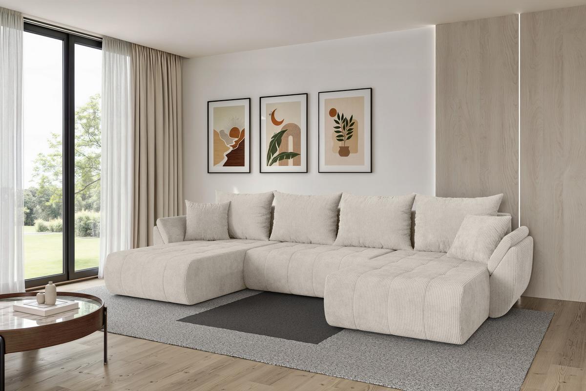 WOHNLANDSCHAFT mit Schlaffunktion und Bettkasten TOKO-U 378x194x86 Creme Cord - Ecru/Creme, Holzwerkstoff/Kunststoff (378/86/194cm) - ALTDECOR