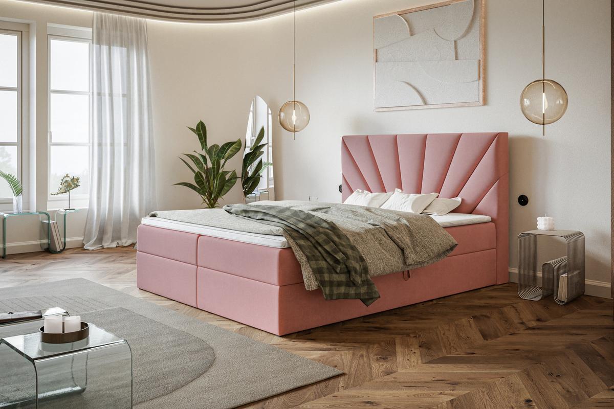 BOXBETT DENVER mit 2 Bettkästen, 140x200, Farbe: Rosa, Velourstoff, Doppelbett mit Bonell-Matratze - Rosa, Holz/Kunststoff (140/200cm) - Alpi-Möbel