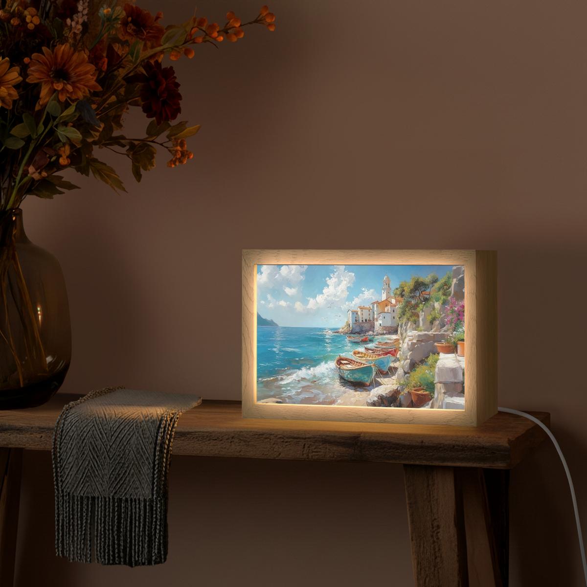 WANDLEUCHTE Boote - Felsen - Meer - Sonne 30x20 cm - Blau, Holzwerkstoff (30/20/8cm) - OnlyWow