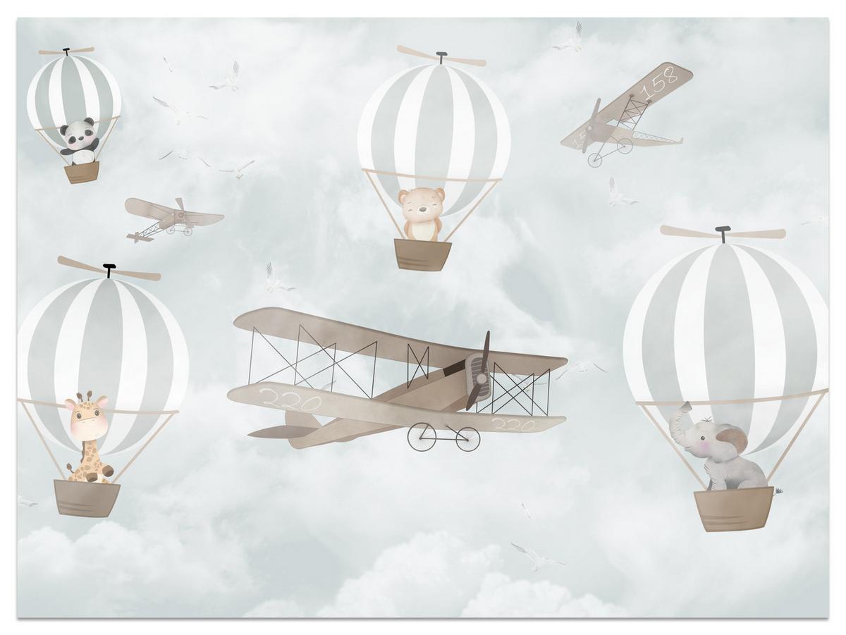 FOTOTAPETE für Kinderzimmer Ballons Tiere Wolken Flugzeuge Fantasie Retro 150x105 - Beige/Braun, Papier (150/105cm) - Muralo