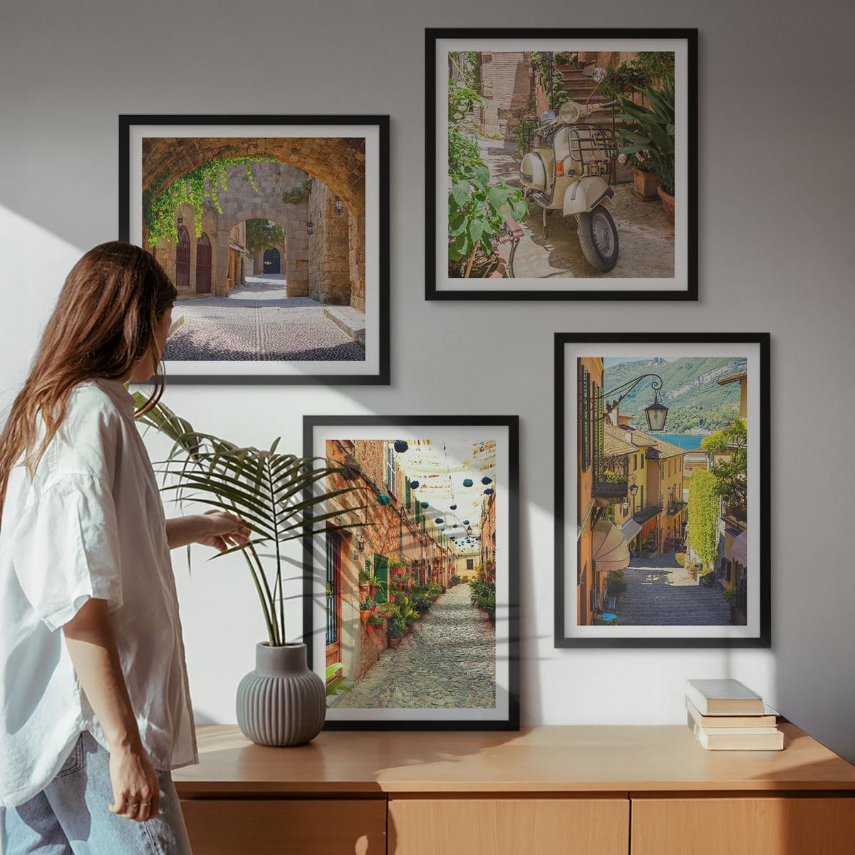 BILDER SET 4er Set - 50x50 cm & 40x60 cm Schwarzer Rahmen - Charmante Straßen und Pizza - Schwarz, Kunststoff (50/50cm) - TULUP