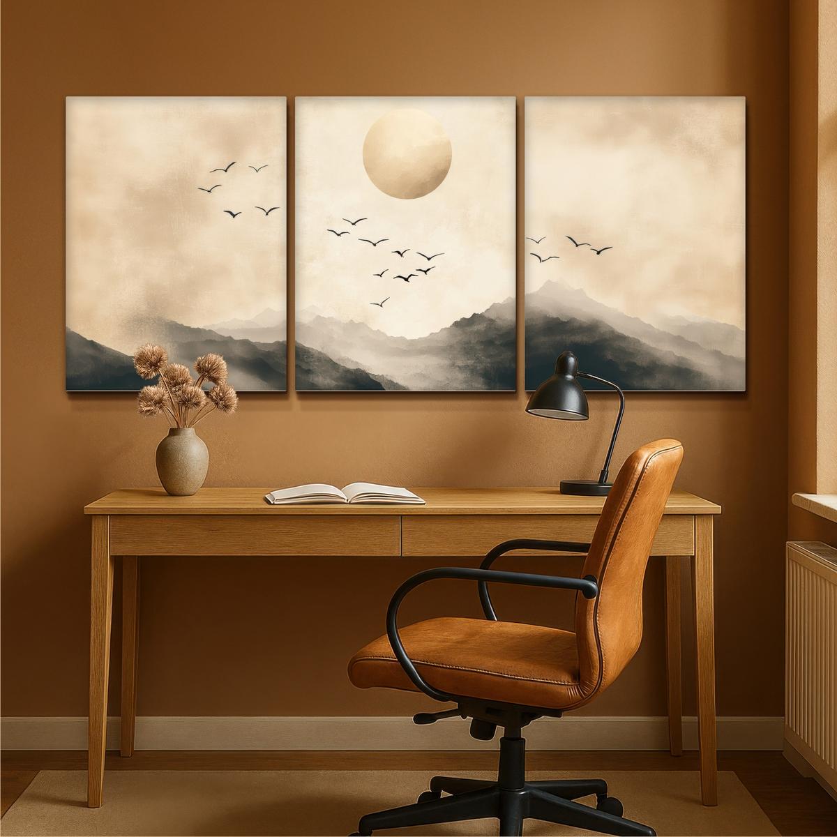 LEINWANDBILD 3er Set Landschaft - Japandi - Beige - Vögel 180x80 cm - Beige, Textil (180/80cm) - MuchoWow