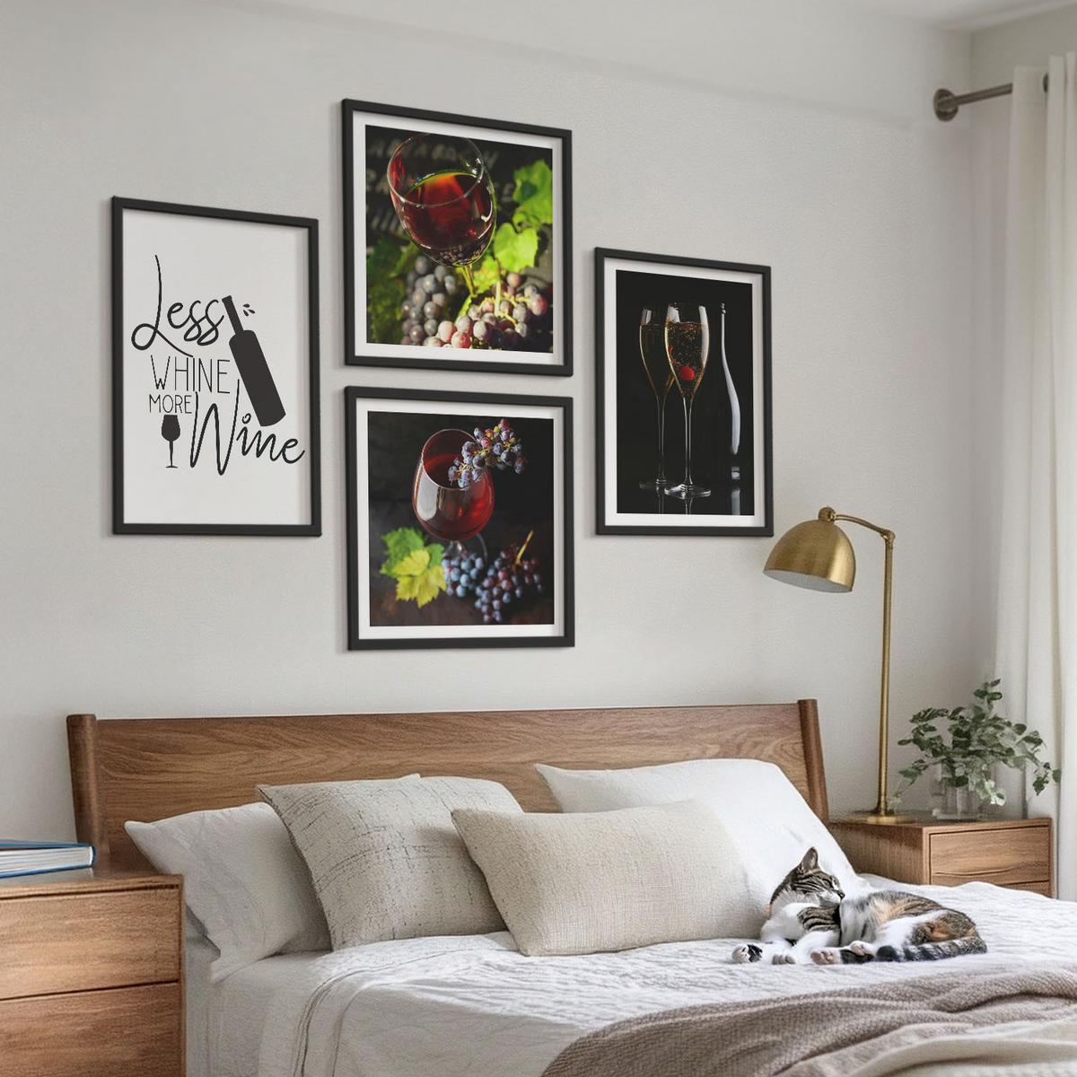 BILDER SET 4er Set - 50x50 cm & 40x60 cm Schwarzer Rahmen - Weingläser mit Trauben und Inschrift - Schwarz, Kunststoff (50/50cm) - TULUP