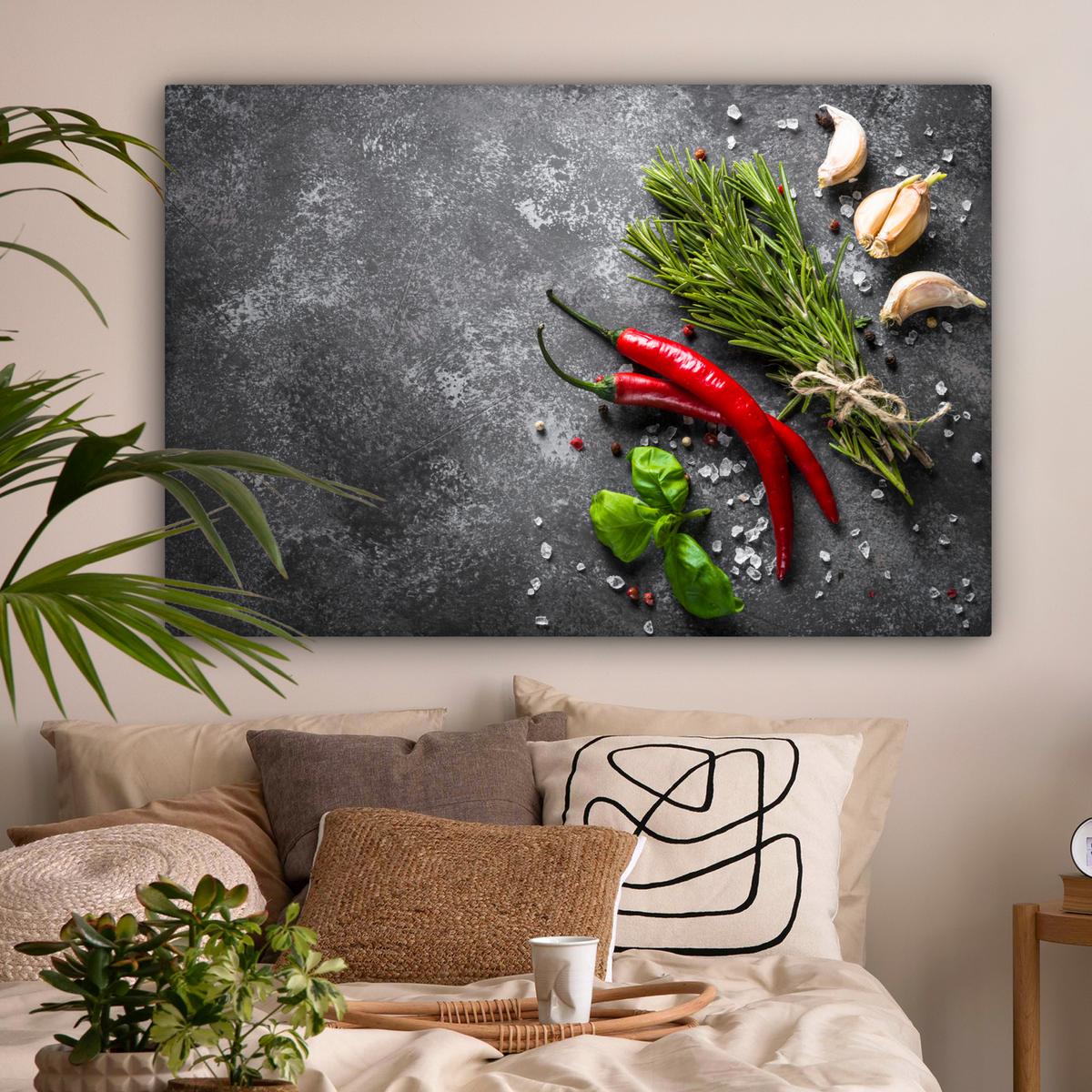 LEINWANDBILD Pfeffer - Kräuter - Gewürze - Beton Wohnzimmer Groß 120x80 cm - Dunkelgrau, Textil (120/80cm) - MuchoWow