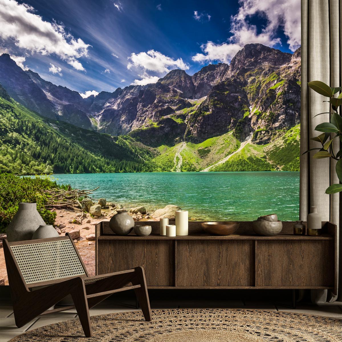 FOTOTAPETE Morskie Oko See Berge Landschaft 3D 450x315 - Türkis/Braun, Papier (450/315cm) - Muralo