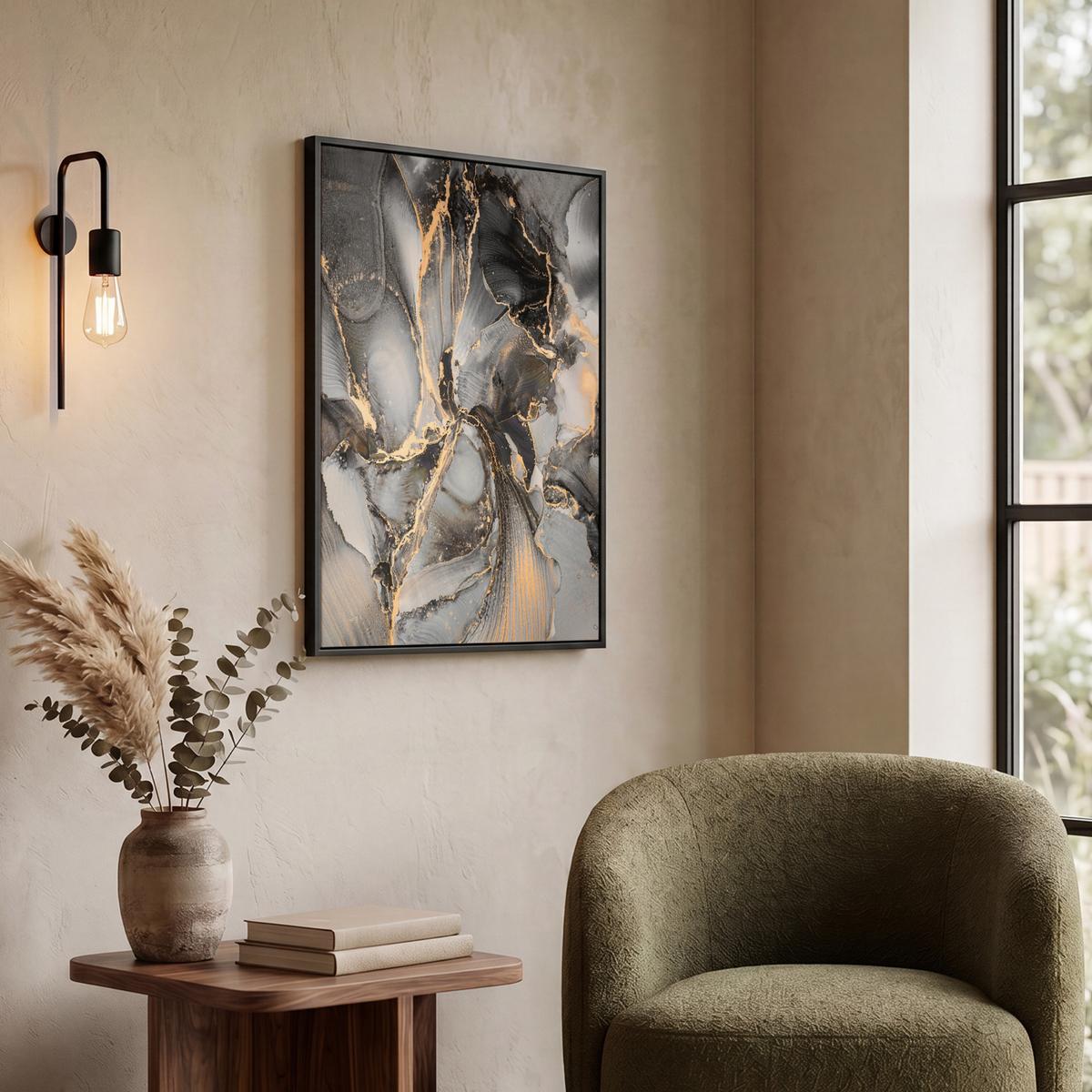 LEINWAND Bilder mit Rahmen - Grau - Luxus - Gold - Marmor - 50x70 - Dunkelgrau, Textil (50/70cm) - MuchoWow