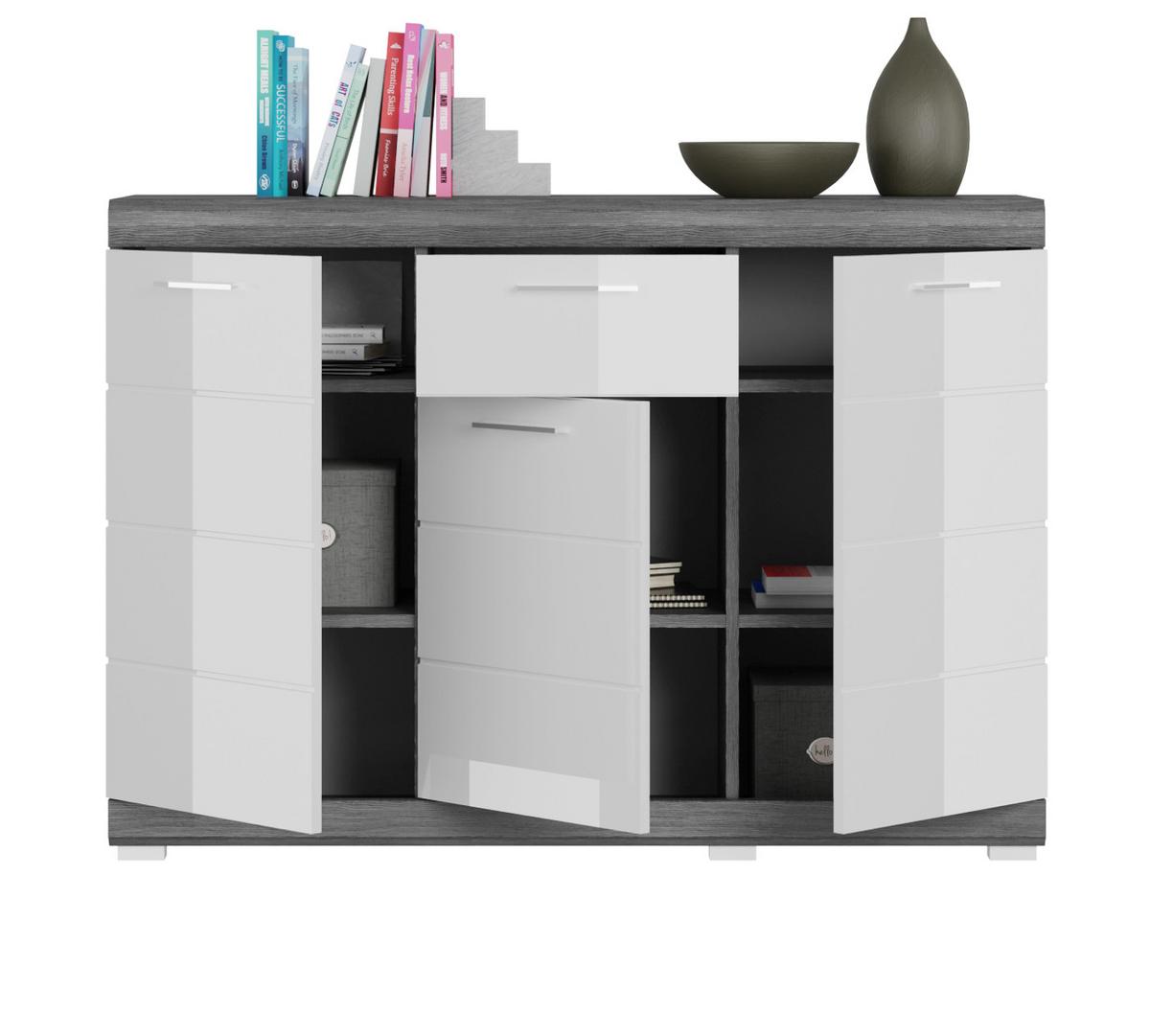 SIDEBOARD weiß Hochglanz, Rauchsilber grau 120 cm, Kommode mit 8 Fächern - Weiß Hochglanz/Silberfarben, Holzwerkstoff/Kunststoff (120/85/37cm) - Inn.Furn