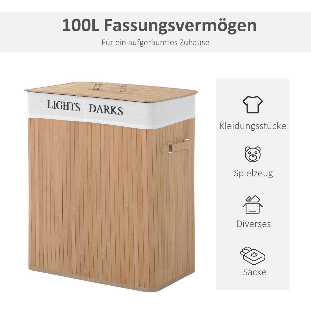100L Wäschekorb Wäschebox Wäschesammler Wäschesortierer 2 x Fach Bambus - Naturfarben, Naturmaterialien (32/63/52cm) - HOMCOM