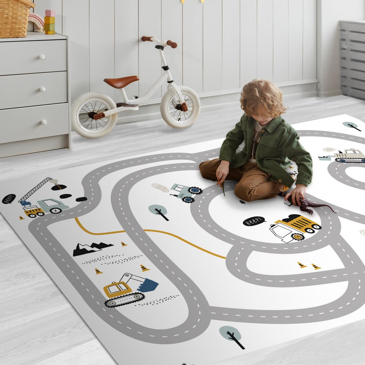 KINDERTEPPICH Baustelle - Bagger - Auto - Regenbogen - Design Spielteppich 180x120 cm - Weiß, Kunststoff (180/0.3cm) - OnlyWow