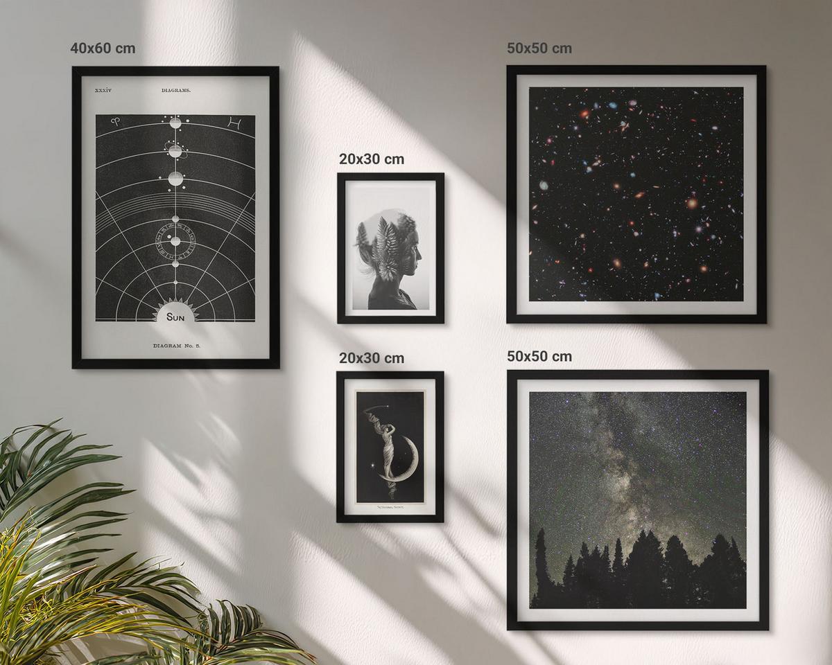 BILDER SET 5er Set - 50x50 cm & 20x30 cm & 40x60 cm Schwarzer Rahmen - Galaxie im Sonnensystem - Schwarz, Kunststoff (40/60cm) - TULUP