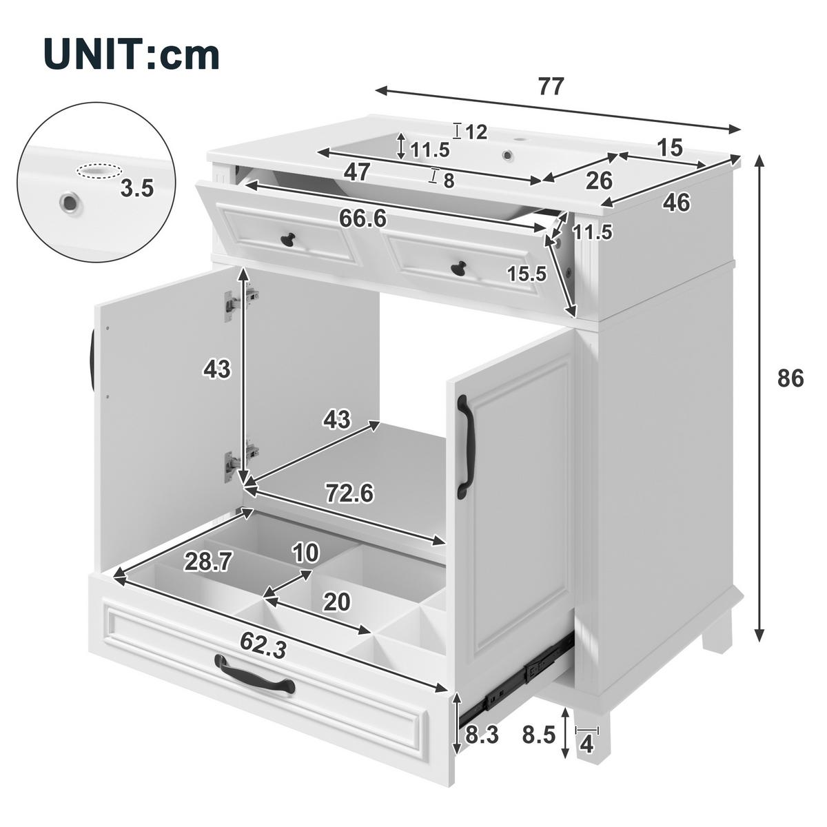 WASCHTISCH Freistehend Weiß mit Keramikbecken & 9 Fächern - Weiß, Holzwerkstoff (77/86/46cm) - Urban Meuble