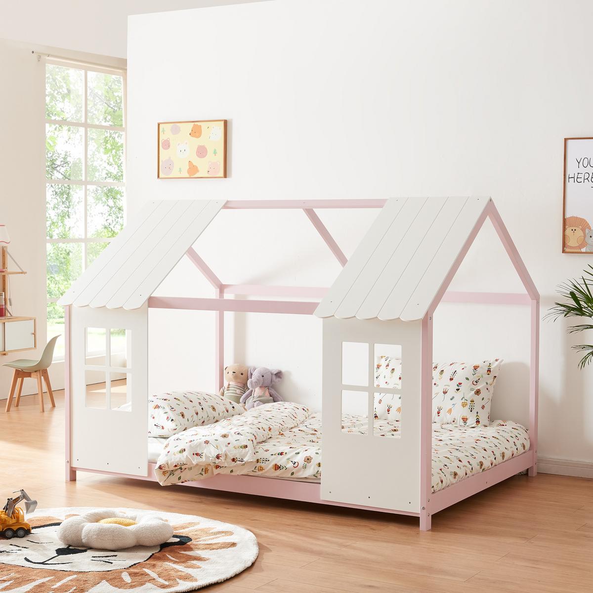 HAUSBETT Tostedt - Rosa/Weiß, Holz/Holzwerkstoff (120/200cm) - [en.casa]