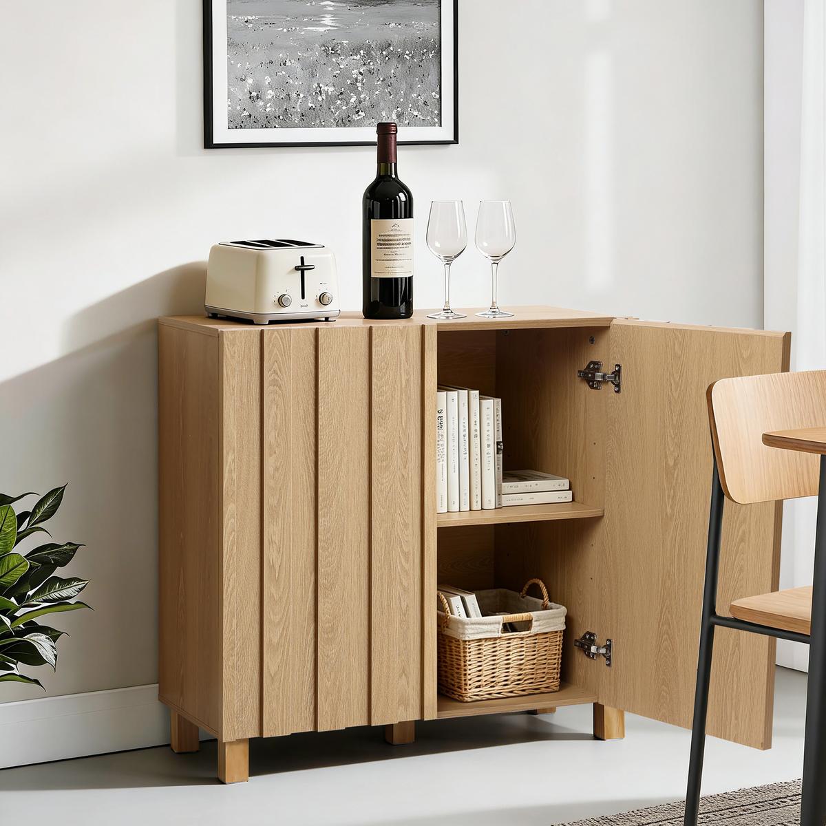 SIDEBOARD Holz mit 2 Türen und Füßen aus Kiefernholz | B80 x T35 x H80 cm - Eichefarben, Holz/Holzwerkstoff (80/80/35cm) - Hometopia