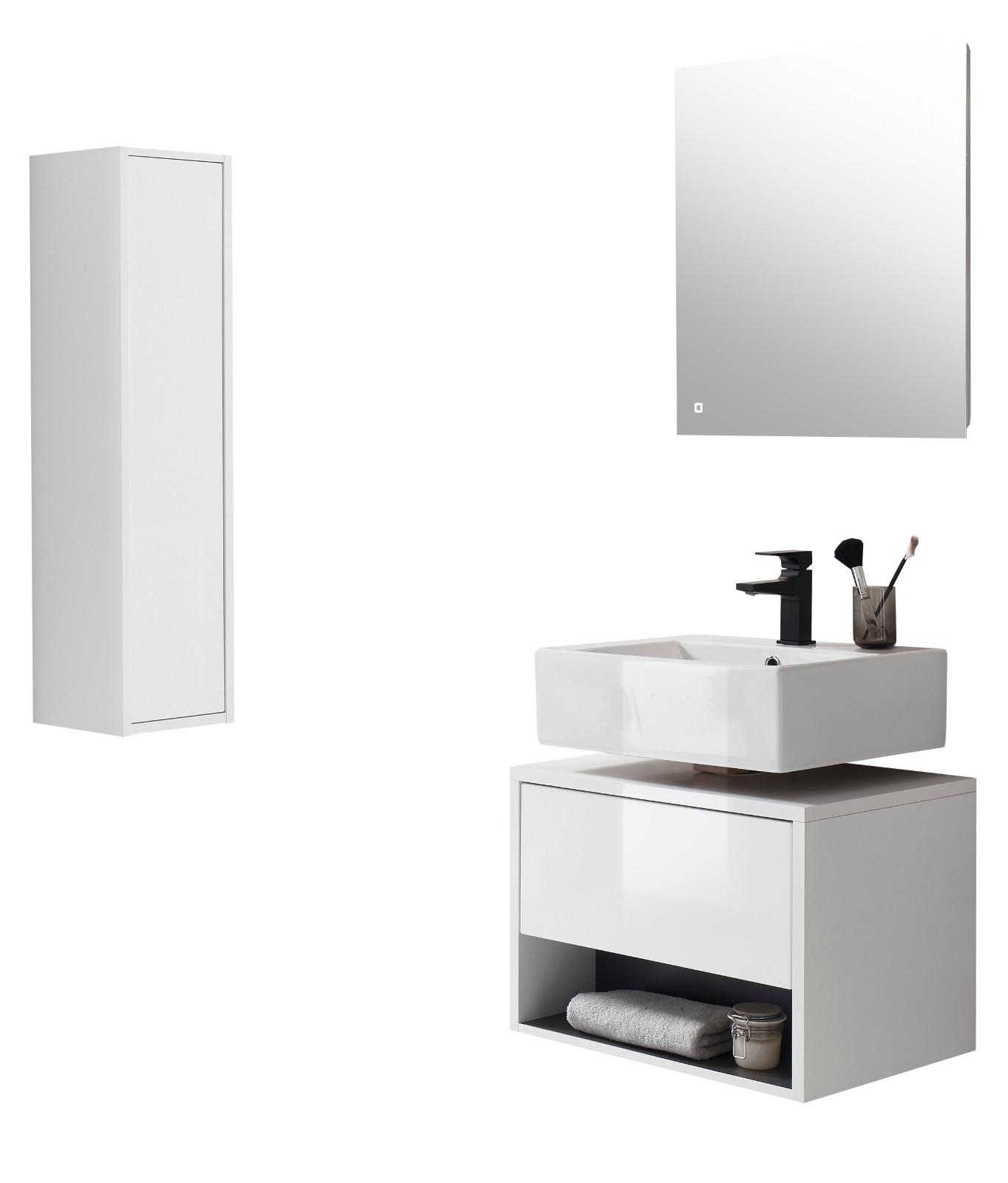 BADMÖBEL-SET 3-teilig weiß Hochglanz, grau mit LED Beleuchtung 100 cm - Weiß Hochglanz/Grau, Glas/Holzwerkstoff (100/190/46cm) - Furn.Design