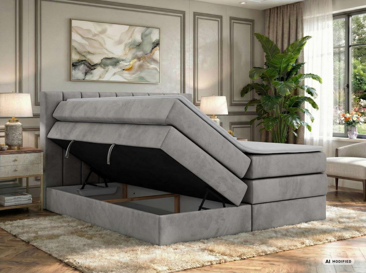 BOXSPRINGBETT ALVER KING 140/200 - Hellgrau Velvet - Topper T25 - H3 - Hellgrau/Schwarz, Kunststoff/Textil (140/200cm) - MKS