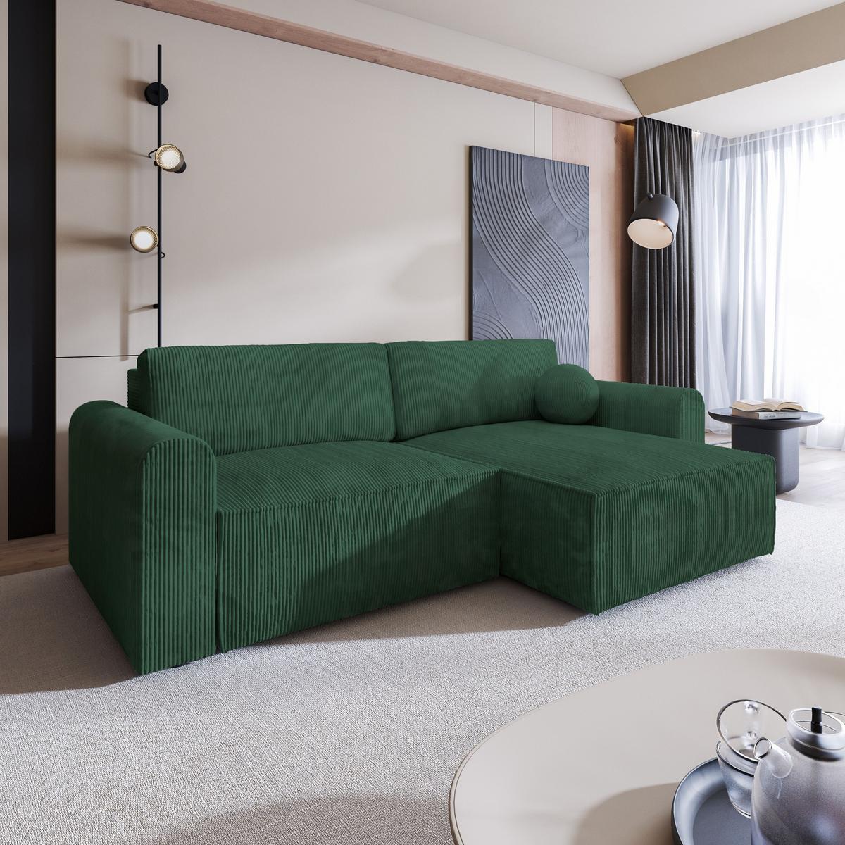 ECKSOFA FIANO P Grün Kordstoff mit Schlaffunktion - Grau/Grün, Holz/Kunststoff (245/148cm) - MASSENO