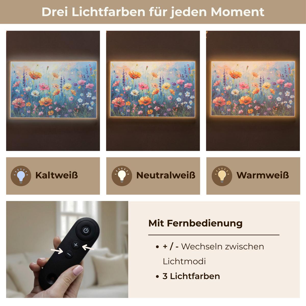 WANDLEUCHTE MIT AKKU Blumen - Natur - Aquarell - Kunst 100x70 cm - Multicolor, Holzwerkstoff (100/70/8cm) - OnlyWow