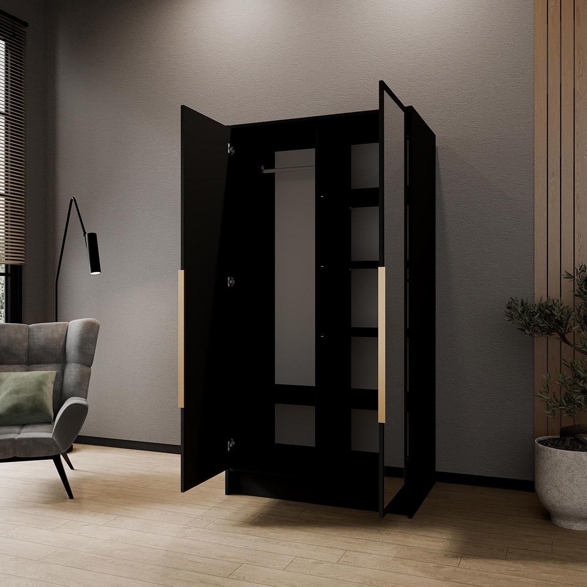 DREHTÜRENSCHRANK Laro mit Spiegel, Schwarz mit goldenen Griffen, 100 cm - Schwarz, Holzwerkstoff (100/200/51cm) - Beautysofa