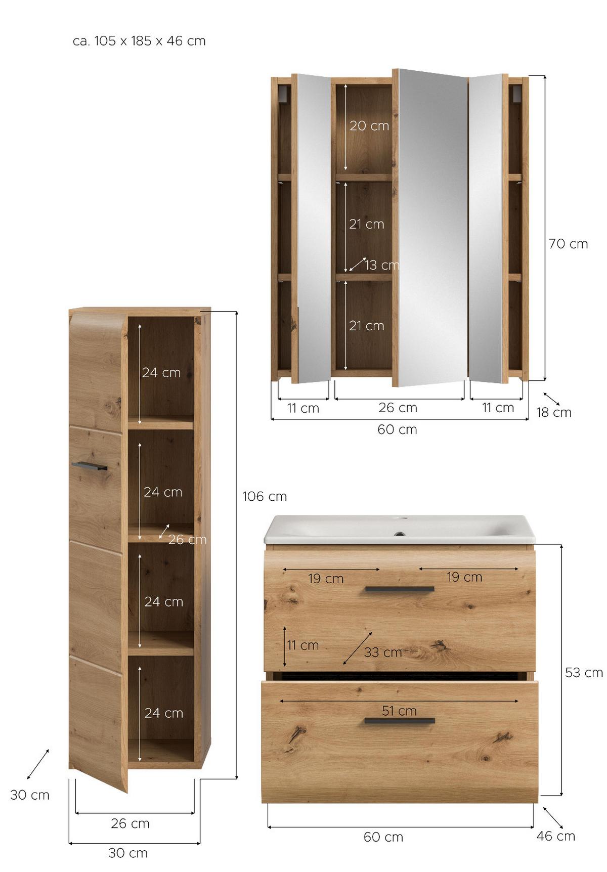 BADMÖBEL SET 3-teilig in Artisan Eiche, Badkombination 105 x 185 cm, Cover - Schwarz/Eiche Artisan, Glas/Keramik (105/185/30cm) - Inn.Furn