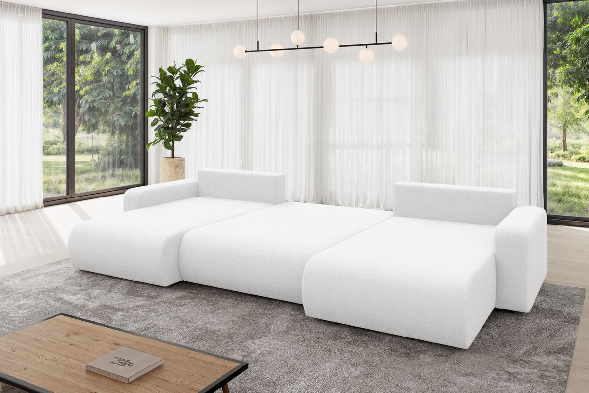 WOHNLANDSCHAFT mit Schlaffunktion und Bettkasten BERY-U 377x193x88 Weiß Bouclé - Schwarz/Weiß, Holzwerkstoff/Kunststoff (377/88/193cm) - ALTDECOR