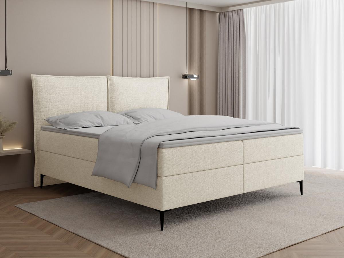 BOXBETT Calio Rise mit Bettkasten, Creme Chenille 120x200 cm – inkl. H4 Taschenfederkern Matratze & Foam Topper - Creme/Schwarz, Holz/Holzwerkstoff (120/200cm) - WFL GROUP