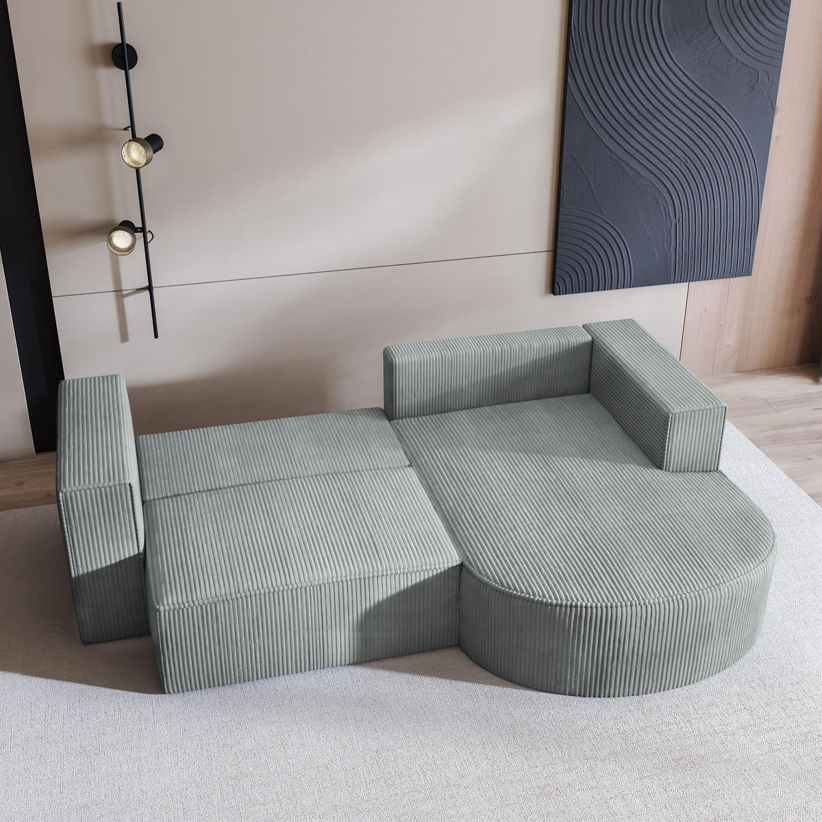 ECKSOFA SORELA P R-S Hellgrau Kordstoff mit Schlaffunktion - Hellgrau, Holz (263/174cm) - MASSENO