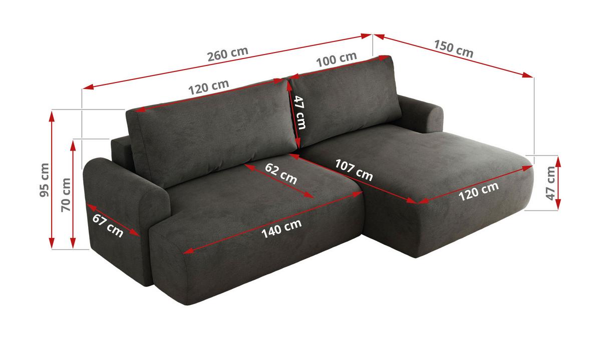 ECKSCHLAFSOFA TONO L Dunkelgrau Velvet - rechts - Dunkelgrau/Schwarz, Kunststoff/Textil (150/260cm) - MKS