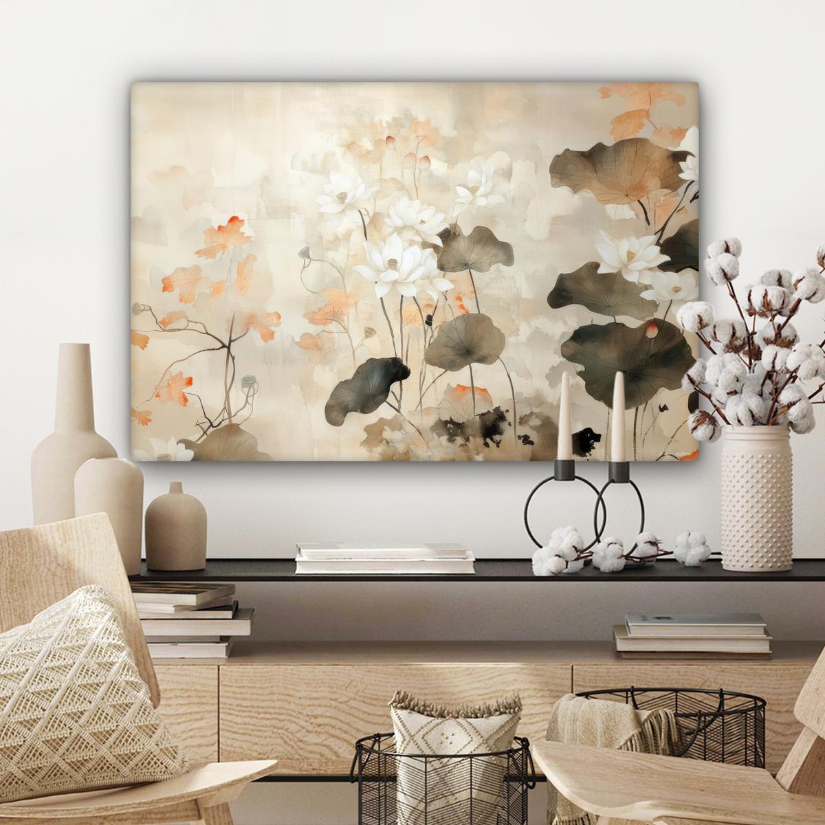 LEINWANDBILD Blumen - Japandi - Wabi sabi Wanddeko 90x60 cm - Sandfarben, Textil (90/60cm) - MuchoWow