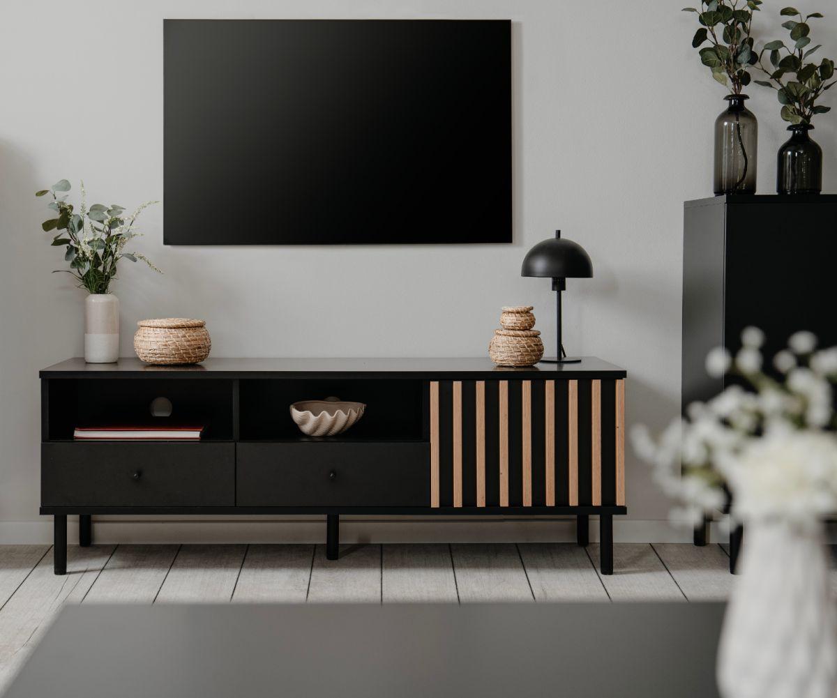 TV-LOWBOARD schwarz, Eiche Artisan 138 cm, TV-Unterteil mit 3D-Lamellen - Schwarz/Eiche Artisan, Holzwerkstoff/Metall (138/49/40cm) - Furn.Design