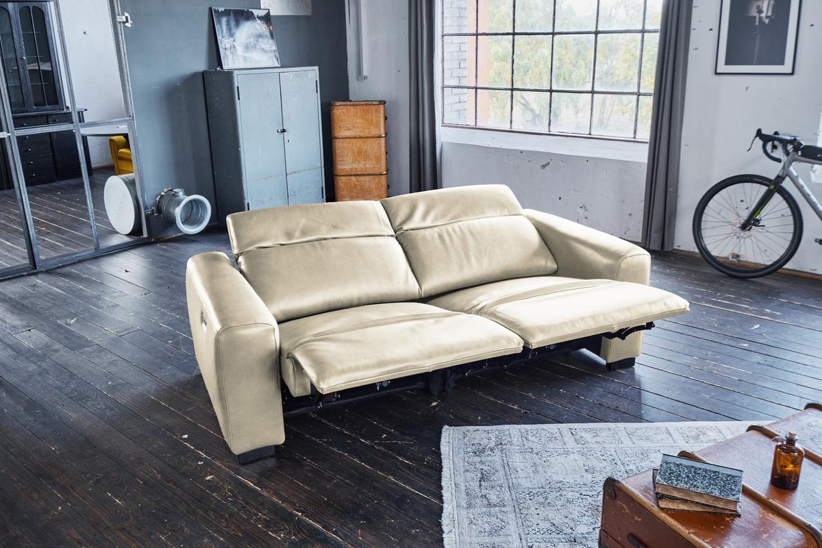 SOFA MIT RELAXFUNKTION FINN Cremeweiß Leder Relaxfunktion - Creme/Schwarz, Leder/Kunststoff (210/80/107cm) - KAWOLA