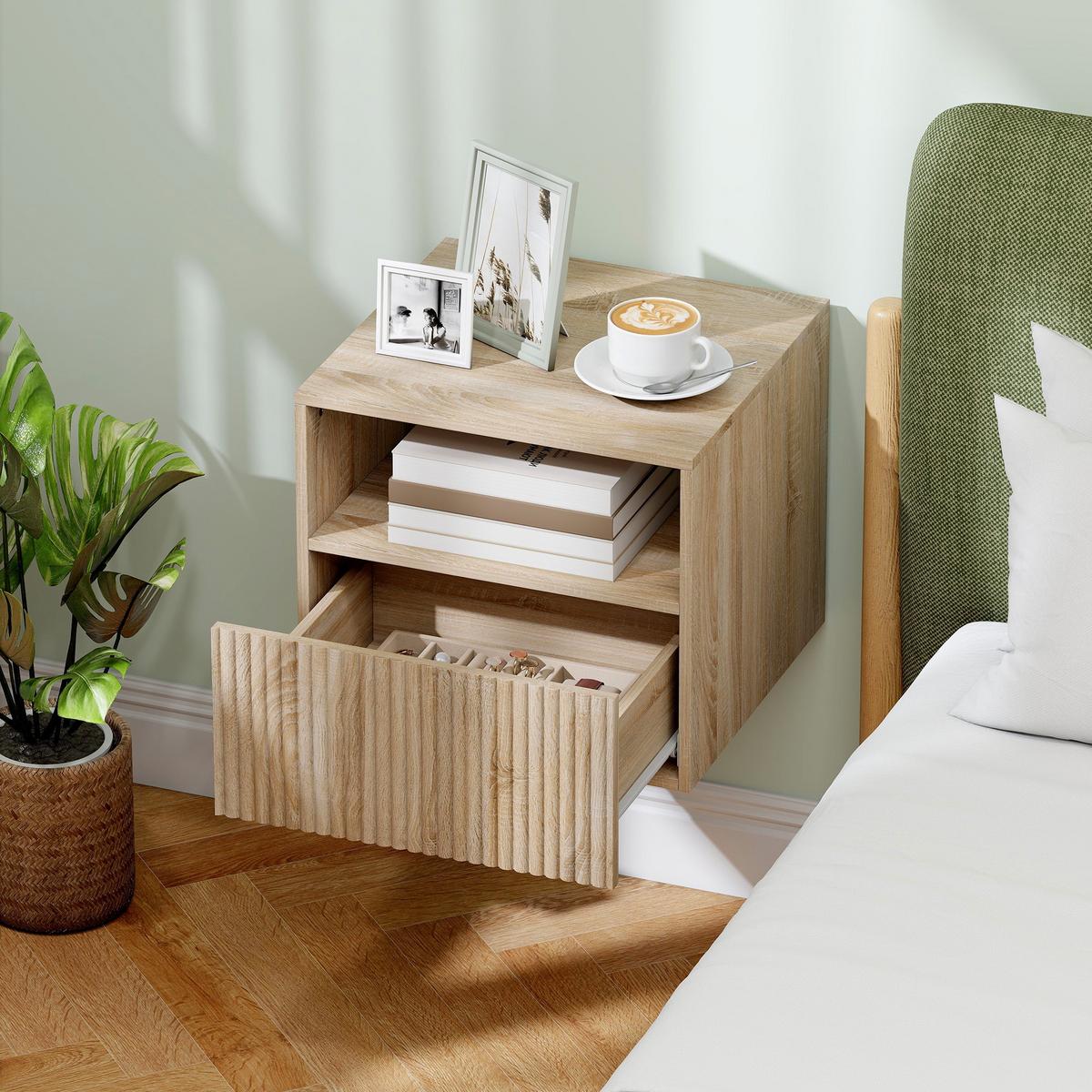 NACHTTISCH Hängend Beistelltisch mit Schublade Offenes Fach Holzoptik - Naturfarben, Holzwerkstoff (39.5/35/40cm) - HOMCOM
