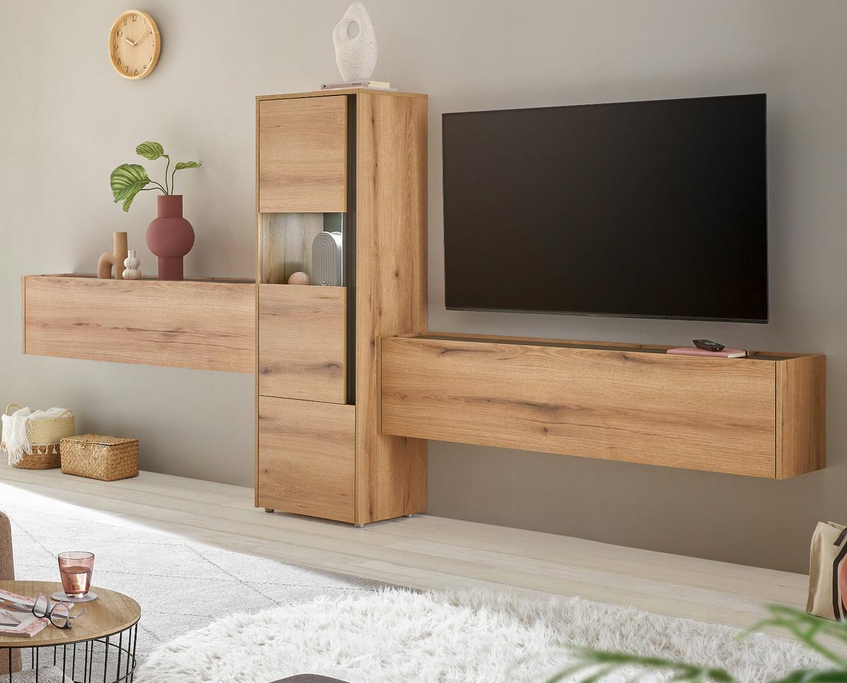WOHNWAND Evoke Eiche, grau, Wohnkombination 3-teilig 350 cm, Set inklusive Beleuchtung - Eichefarben/Schwarz, Glas/Holzwerkstoff (350/155/40cm) - Furn.Design