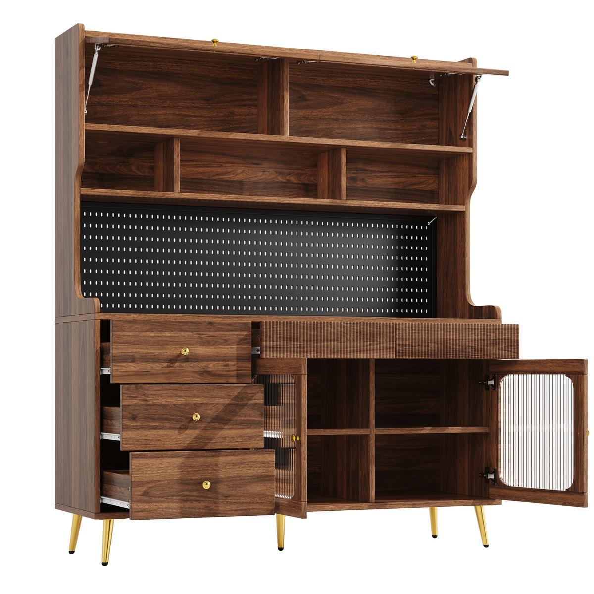 KÜCHENSCHRANK 171 cm mit Smart-LED, Glasfront & Lochwand - Walnussfarben, Holzwerkstoff (145/171/39cm) - Urban Meuble