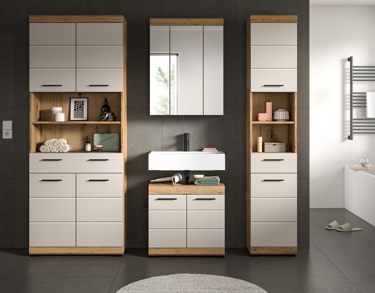 HOCHSCHRANK Sand Kaschmir, Evoke Eiche, Badschrank 74 cm, 4-türig - Sandfarben/Kaschmir, Holzwerkstoff/Kunststoff (74/191/31cm) - Inn.Furn